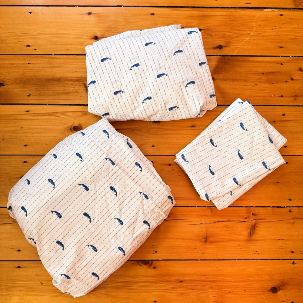 LL Bean Whale Print Sheet Set Coastal Nautical Bedding White Blue Striped 84x105